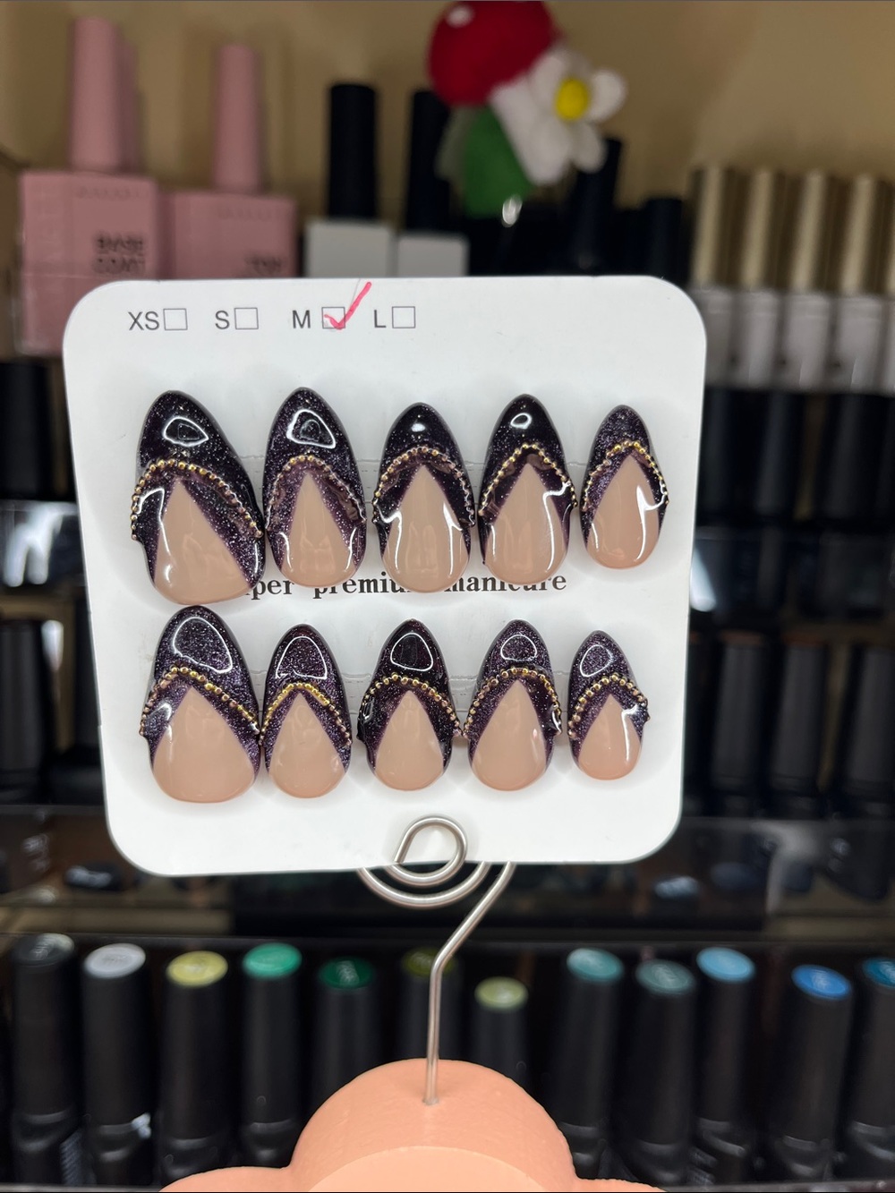 Hand Crafted Nude & Deep Purple Glitter Press-On Nails with Gold Accent